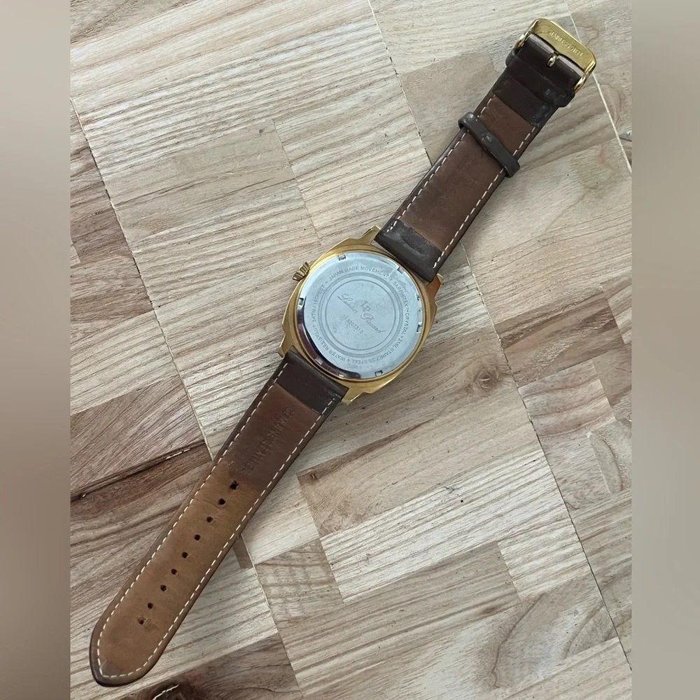 Lucien Piccard Luxury Large Gold-Tone Case Watch Brown Leather Strap White Dial